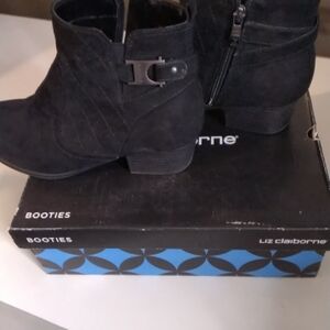 Liz Claiborne Black Suede Ankle Booties with Buckle Detail
